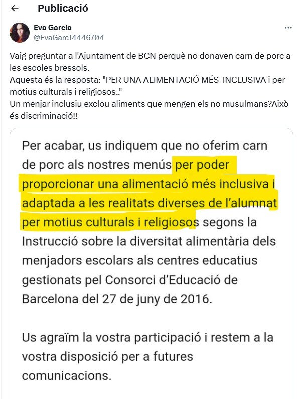 eva garcia porc escoles bressol Barcelona prohibí el porc a les escoles bressol l'any 2016 per la inclusió dels musulmans