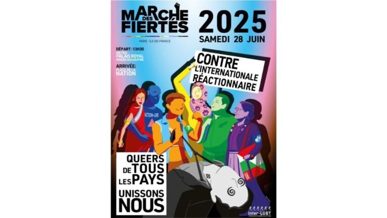Lesbianas musulmanas, bandera palestina y un blanco colgado en el cartel del Orgullo Gay de París