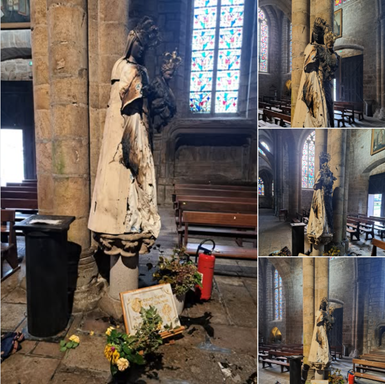 Alguien prende fuego a una estatua de la Virgen durante la misa en la basílica de Guingamp (Francia)