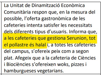 La mitad de los restaurantes de la Universidad Autónoma de Barcelona sólo sirven carne halal