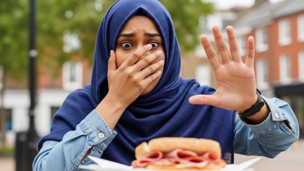 Judici al Regne Unit per la reacció d'una musulmana a un entrepà de pernil 5 La demandant relata que la companya musulmana va fer sorolls de nàusees, es va tapar la boca amb el mocador i va abandonar l’espai quan va veure l'entrepà de pernil. Judici al Regne Unit per la reacció d'una musulmana a un entrepà de pernil