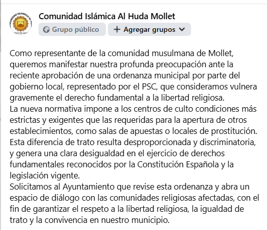 al huda mollet La comunitat islàmica de Mollet del Vallès enfrontada al PSC per la mesquita adverteix que s'acosten les eleccions