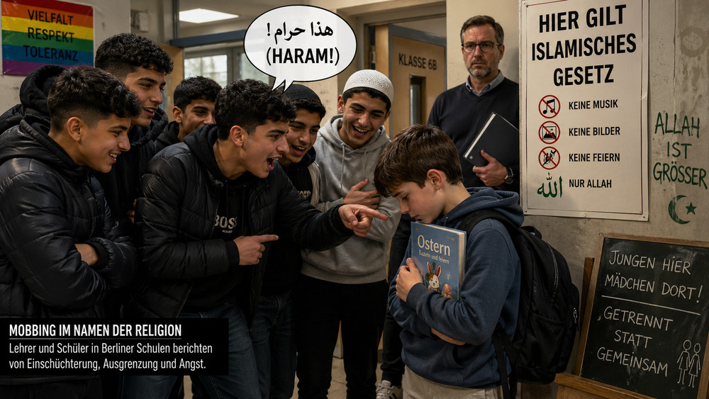 Professors de Berlín reclamen castigar els “miniislamistes” que intimiden companys perquè segueixin normes religioses 8 Cada cop més cristians, jueus i també musulmans liberals són víctimes de pressions religioses en escoles de Berlín. El president de l'Associació de Professors reclama una resposta política clara al "mobbing islamista". Professors de Berlín reclamen castigar els “miniislamistes” que intimiden companys perquè segueixin normes religioses