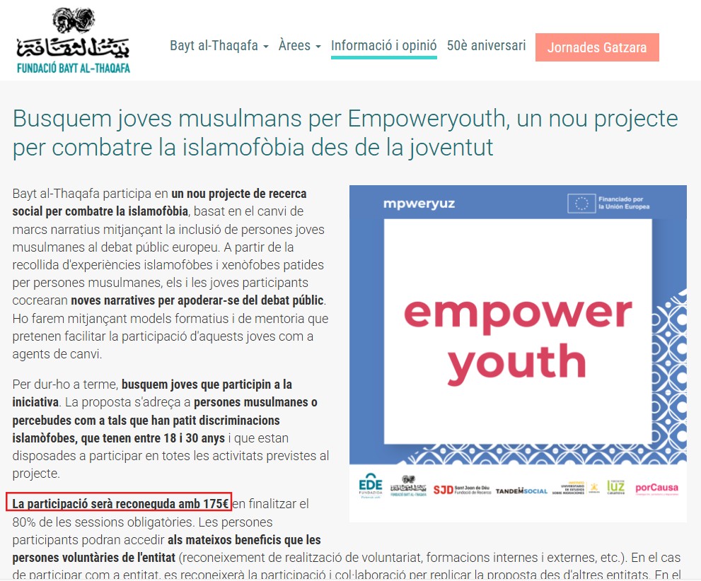bayt La fundació que gestiona l’Oficina d’Afers Religiosos de Barcelona paga 175 € per denunciar la islamofòbia